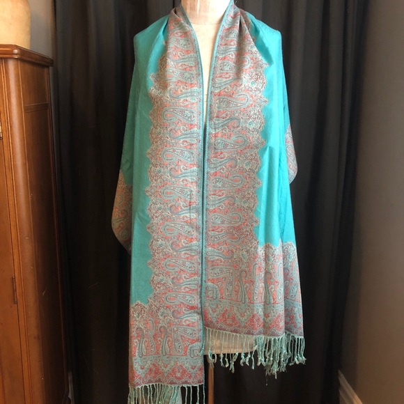 unbranded Accessories - Turquoise and Pink Paisley & Solid Pashmina Scarf 27” x 80”